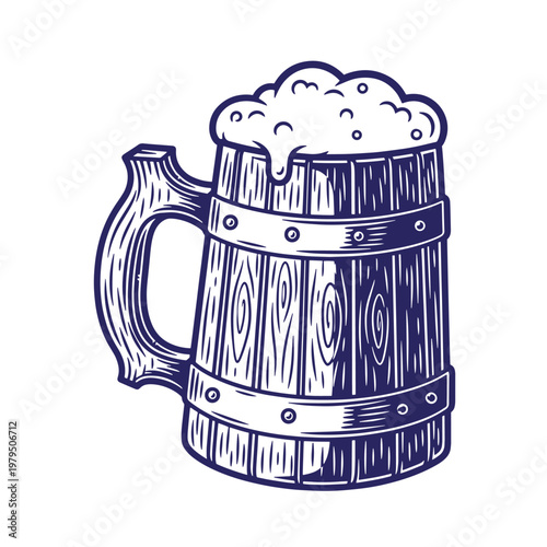 Hand-drawn of a wooden beer tankard with metal bands and a thick, frothy head of foam, rendered in a dark blue ink style on a white background