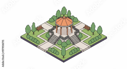 Isometric view of a symmetrical garden pavilion with pathways and trees.