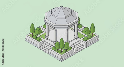 Elegant White Gazebo Surrounded by Greenery in Isometric View.