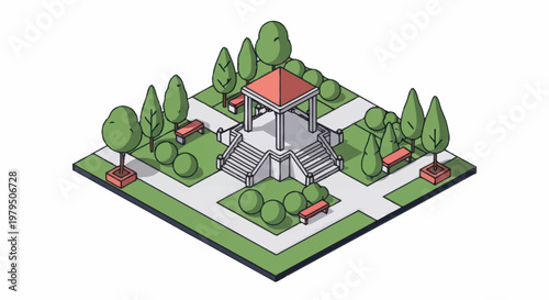 Isometric park gazebo with trees and benches illustration.