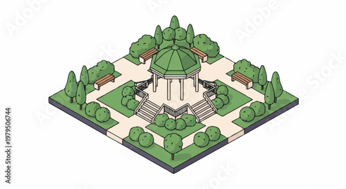 Isometric park gazebo with benches and trees illustration.