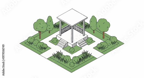Isometric Garden Gazebo With Trees and Bushes.