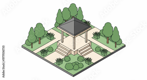 Isometric view of a beautiful park gazebo with trees and bushes.