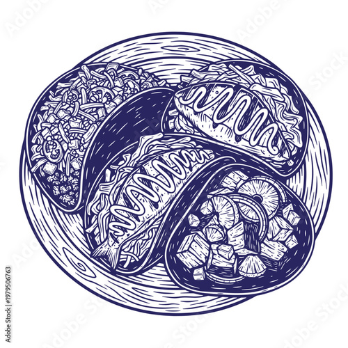 Hand-drawn of three assorted tacos on a circular wooden plate, featuring detailed line of meat, pineapple chunks, shredded vegetables, and drizzled sauce in a dark blue ink style