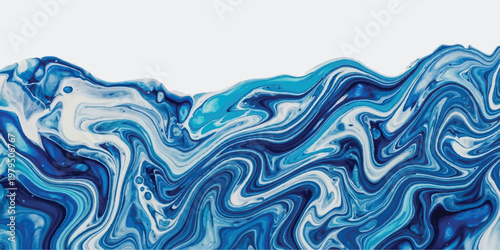 Abstract acrylic pour painting with swirling waves of blue and white paint creating a marbled fluid texture on a white background