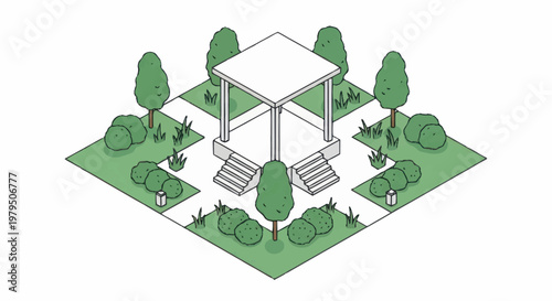 Isometric view of a park gazebo with surrounding trees and bushes.