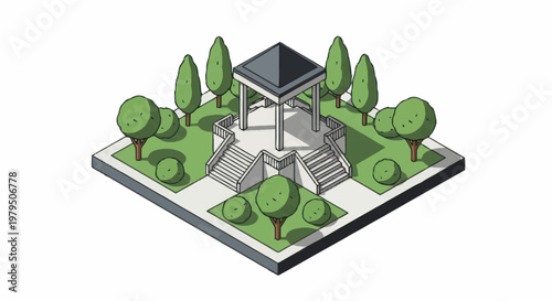 Isometric Park Gazebo with Trees and Landscaping.
