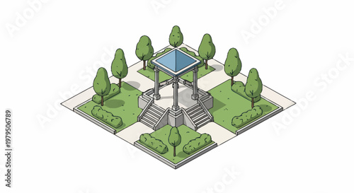 Isometric park gazebo with trees and pathways.