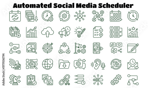 Collection of automated social media scheduler icons on transparent background