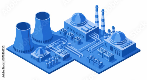 Modern industrial factory complex with cooling towers and domes.