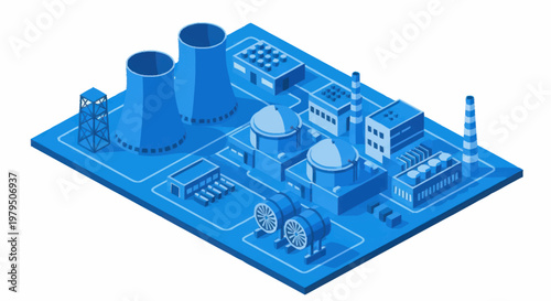 Blueprint of a modern nuclear power plant facility isometric view.