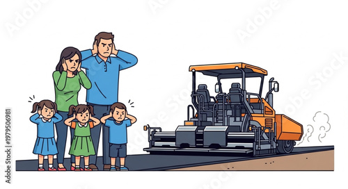 Family covering ears from loud construction road roller noise.