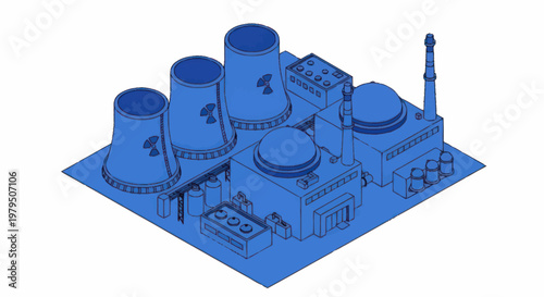 Nuclear Power Plant Isometric Illustration Blue Tones.