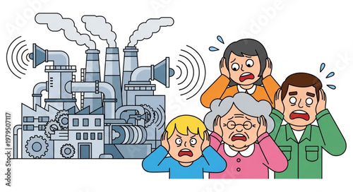 Family covering ears from loud factory noise pollution concept.