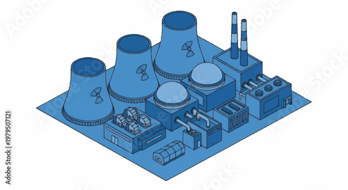 Modern Nuclear Power Plant Facility with Cooling Towers and Smokestacks.