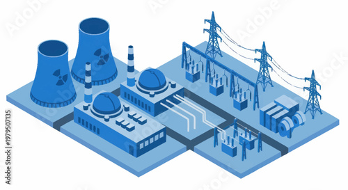 Modern Nuclear Power Plant with Cooling Towers and Electrical Grid.