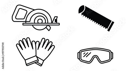Essential Woodworking Tools: A collection of essential woodworking tools, including a circular saw, hand saw, safety gloves, and safety goggles. Featuring a clean, monochromatic design.