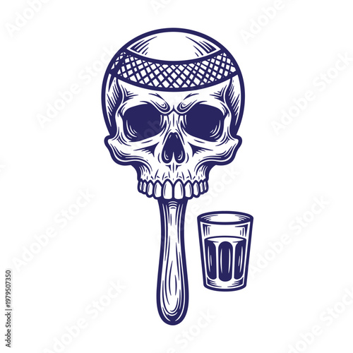 Human skull wearing a mesh cap with a long tongue extending downward next to a small glass of tequila, dark blue monochrome line on a white background