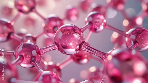 A close-up view of a pink molecular structure model with shiny spheres and rods in a laboratory setting with a blurred background.