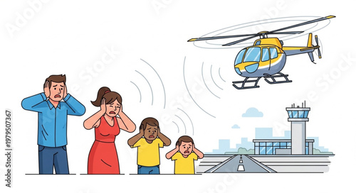 Family covering ears from loud helicopter noise near airport.