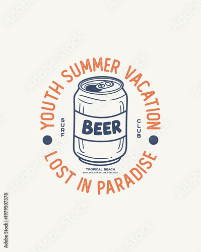 Vintage Beer Can Emblem for Youth Summer Vacation Club.