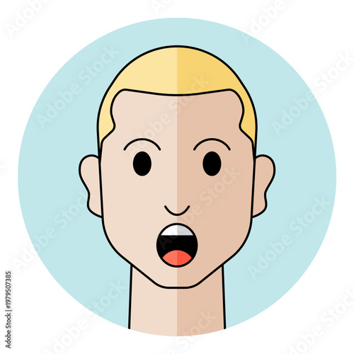 Man face avatar with surprised eyes and open mouth in circular frame. Male character portrait for shock emotion, amazement, wow reaction, and vocal assistant icon.