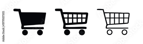 Shopping cart icons set, retail e-commerce basket symbols isolated on white