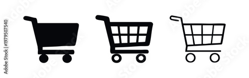 E-commerce shopping cart icon set, retail store trolley symbols in various styles
