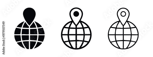 World globe with location marker icon set, global positioning system symbols
