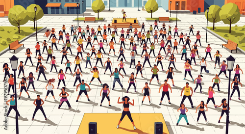 Outdoor group fitness class in city square, large crowd of people dancing at zumba workout, urban community wellness event vector illustration