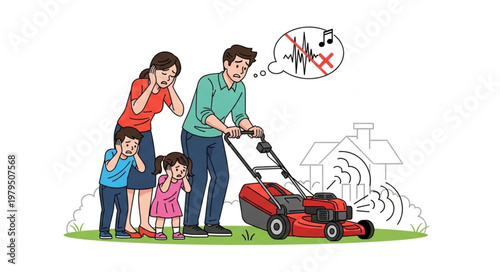 Family covering ears from loud lawn mower noise illustration.