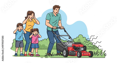 Family covering ears from loud lawn mower noise.