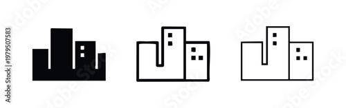 Simple city building icons set, urban skyline silhouette and outline symbols
