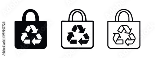 Eco friendly shopping bag icons with recycling symbol set