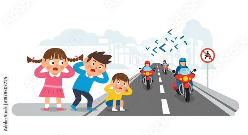 Family covering ears from loud motorcycle noise pollution on street.