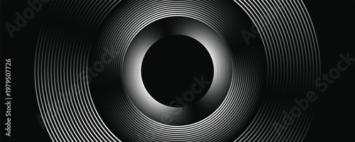 3D silver lines techno abstract background on dark space with glowing circles effect decoration. Modern graphic design element stripes style concept for web, flyer, card, or brochure cover