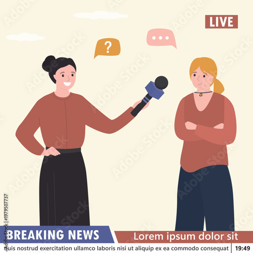Female reporter interviews young famous person. The journalist uses a microphone and talking to female influencer or popular girl. TV news broadcast, live. Close Up view.