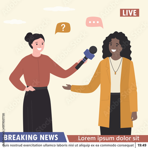 Female reporter interviews young famous person. The journalist uses a microphone and talking to female influencer or popular girl. TV news broadcast, live. Close Up view.