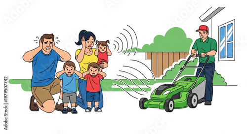 Family covering ears from loud lawn mower noise.