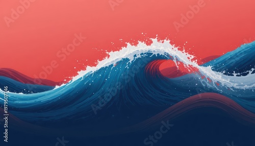 Dynamic Ocean Wave Splashing Against a Gradient Sunset Sky in Vibrant Red and Blue Tones