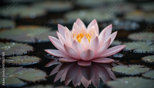 Delicate Pink Lotus Flower Floating Gracefully on Calm Pond Surface Surrounded by Green Leaves