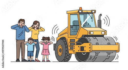 Family covering ears from loud steamroller noise.