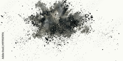 Black charcoal dust explosion with scattered dark particles and gray smoke clouds isolated on a white background