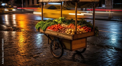 Vegetable Cart at Night - A Colorful Street Scene.