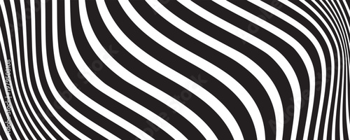 Black and white abstract background. Waves shape decoration. Optical illusion stripes style. Modern graphic design element with distorted lines concept for web, poster, flyer, card cover, or brochure