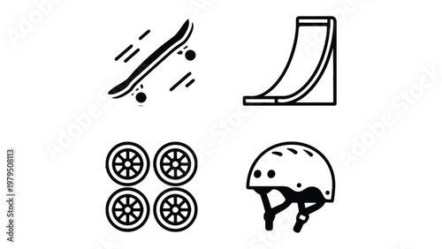 Skateboarding Icons: Four essential elements of skateboarding, a sleek skateboard, a ramp for aerial maneuvers, a set of durable wheels, and a protective helmet, are meticulously illustrated.