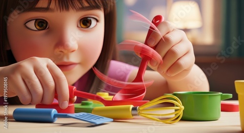 Young Girl Playing with Colorful Kitchen Toys.