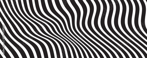 Black and white abstract background. Waves shape decoration. Optical illusion stripes style. Modern graphic design element with distorted lines concept for web, poster, flyer, card cover, or brochure