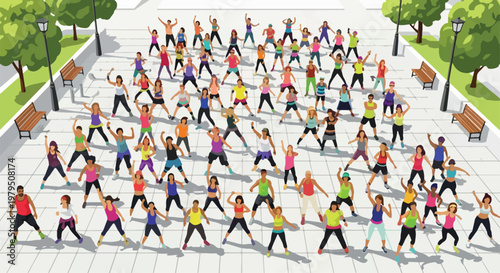 Outdoor fitness class with group of people dancing in park, zumba workout session in public square, aerobic exercise and community wellness vector