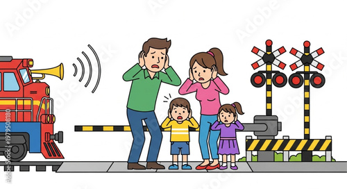 Family Covering Ears From Loud Train Horn Noise at Railroad Crossing.